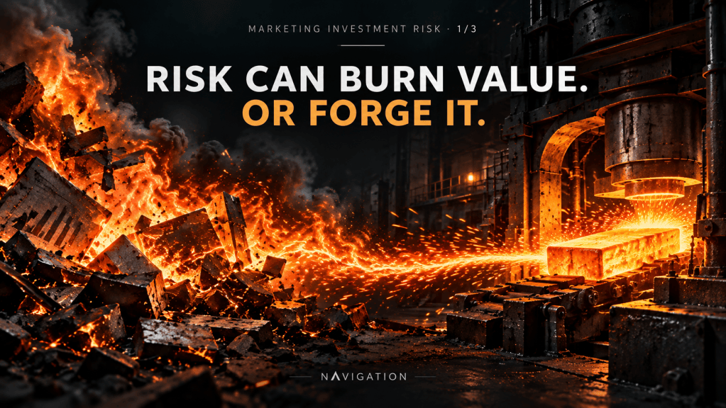 An industrial scene showcasing intense flames and sparks, symbolizing the risks and potential rewards of marketing investment. The text overlay reads, 'Risk can burn value. OR forge it.'