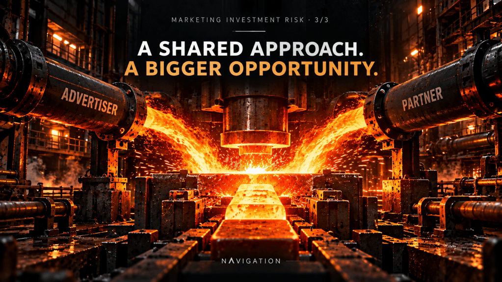 An industrial scene featuring machinery with pipes labeled 'Advertiser' and 'Partner', highlighting collaboration in marketing investment. Text overlays read, 'A Shared Approach. A Bigger Opportunity.' and 'MARKETING INVESTMENT RISK - 3/3'.