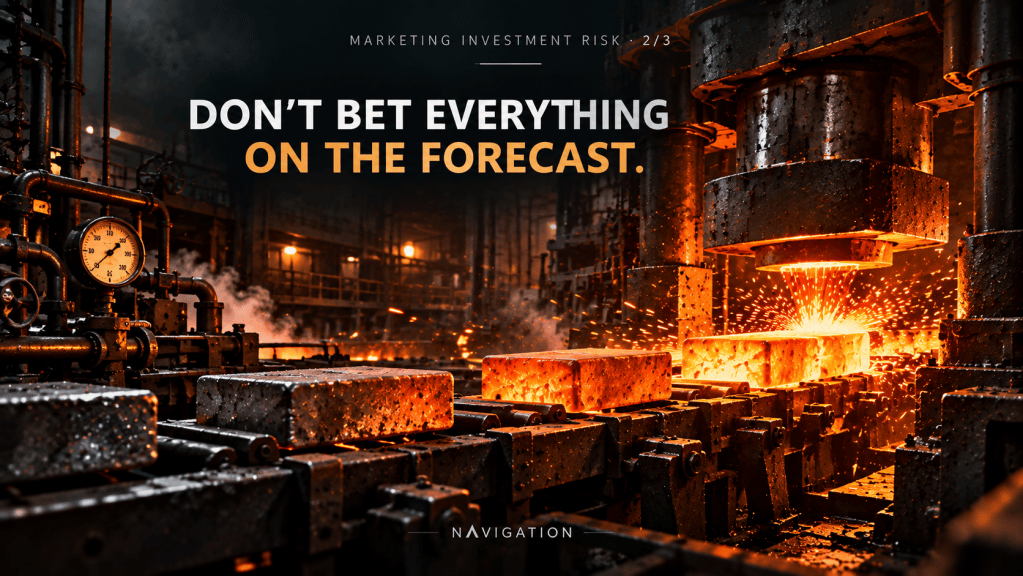 An industrial scene with molten metal being poured into molds, showcasing a manufacturing environment. The text overlay reads 'DON'T BET EVERYTHING ON THE FORECAST.'